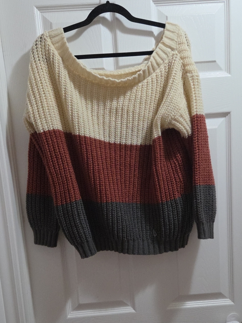 Cupshe Off-Shoulder Colorblock Knit Sweater - Cream, Rust & Charcoal